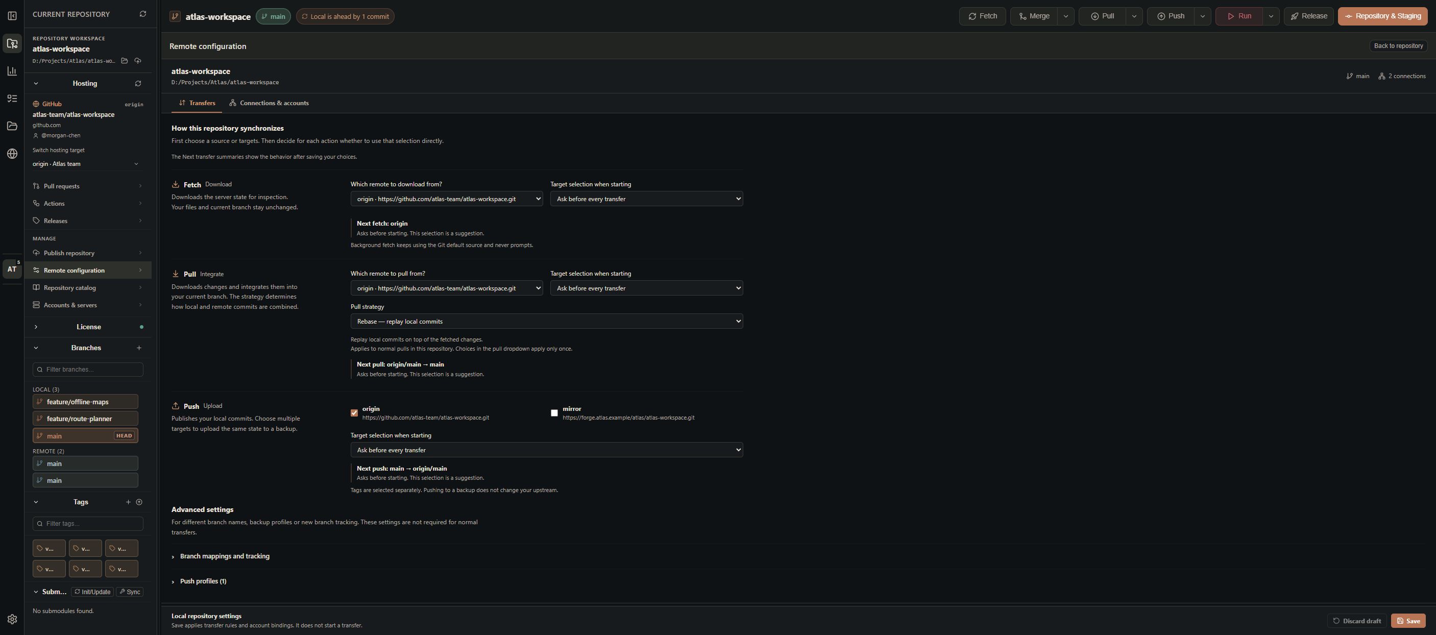 Remote configuration explaining fetch, pull strategy and push destinations