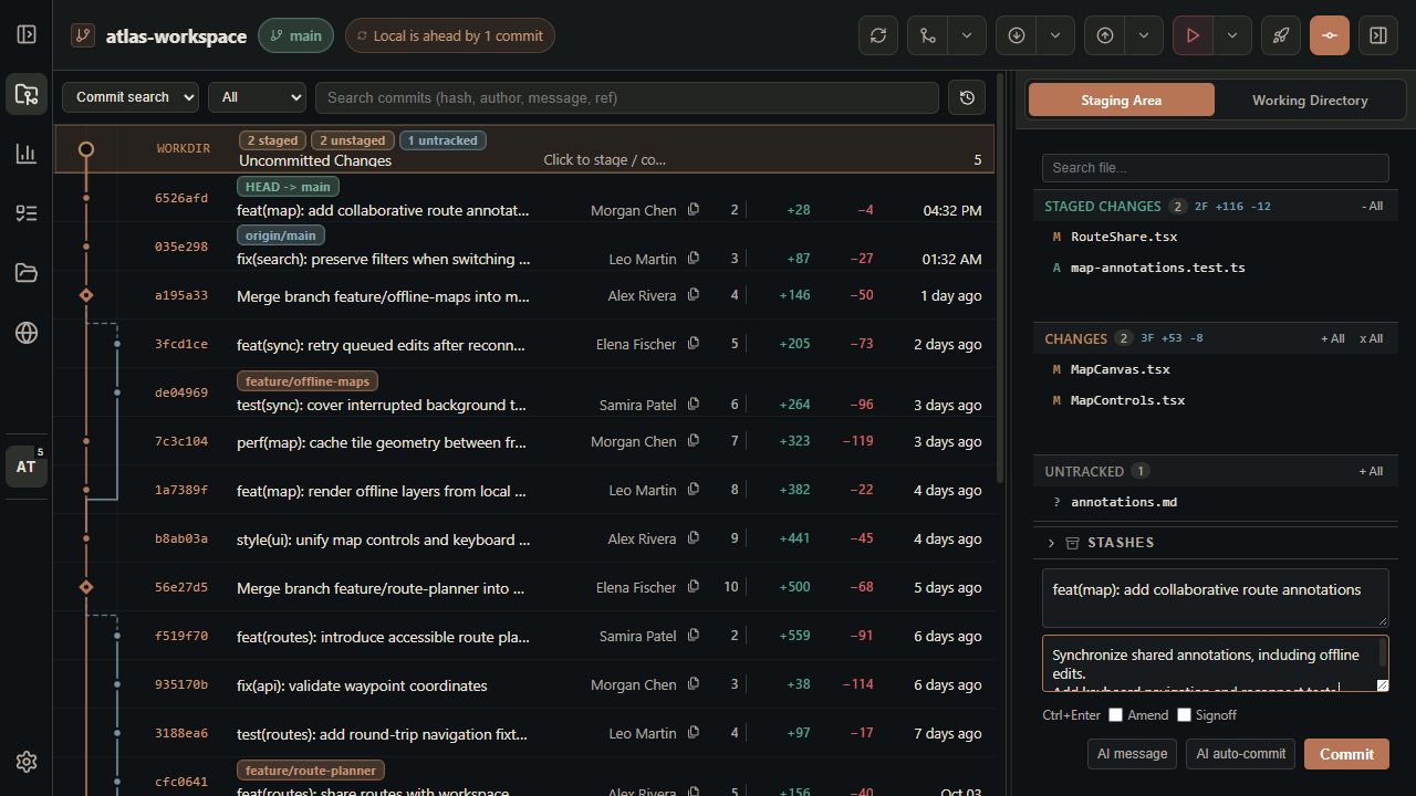 Atlas workspace in the current repository view: commit graph, branches, file statistics and staging