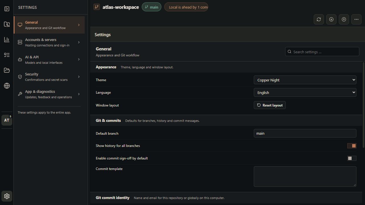 General settings with category navigation, search, appearance and Git commit defaults