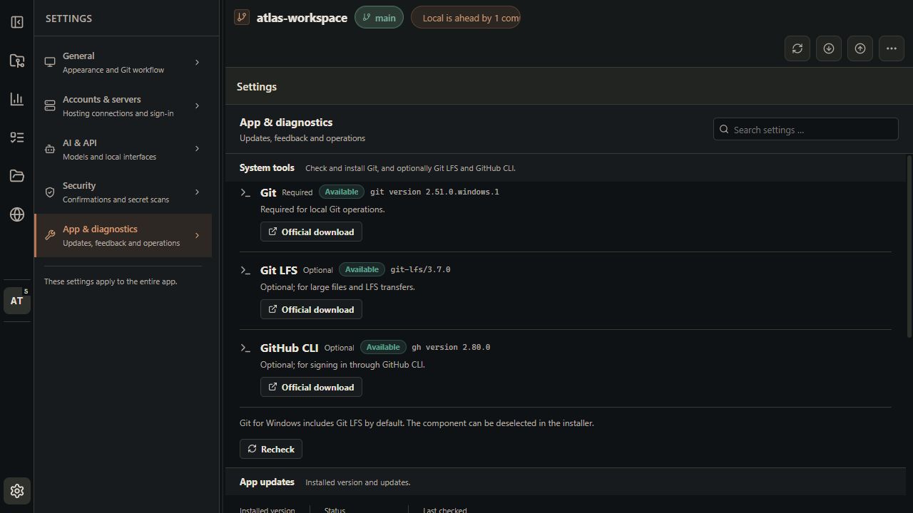 Settings showing Git, optional Git LFS and optional GitHub CLI with versions and setup actions