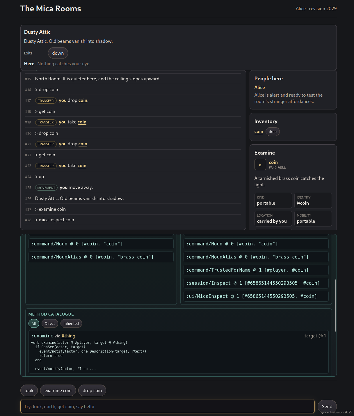Screenshot of the apps/mud browser example, with room view, command history, inventory, and live inspect panes.