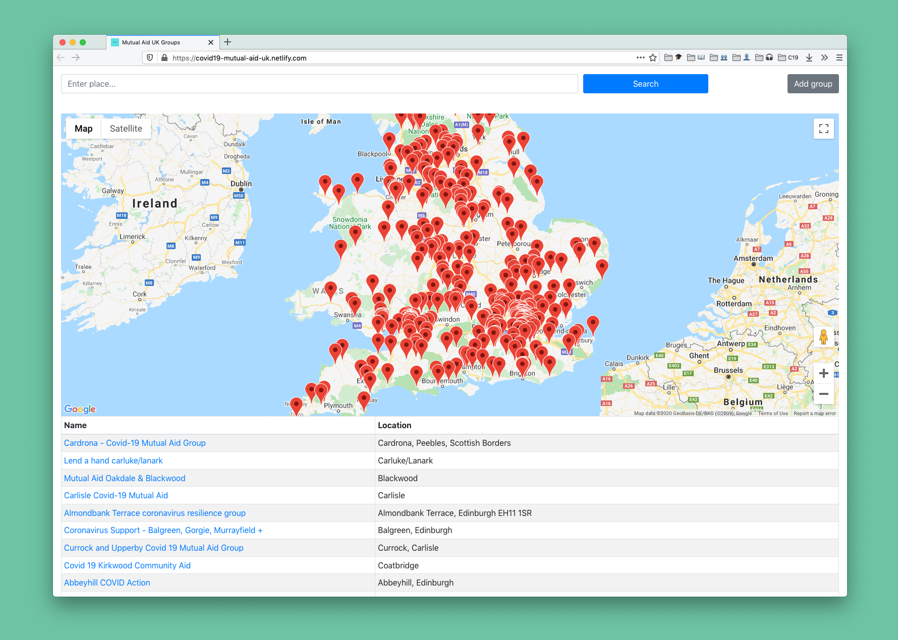 Image of browser screen with a map full of red markers. There is a table underneath that lists volunteer groups