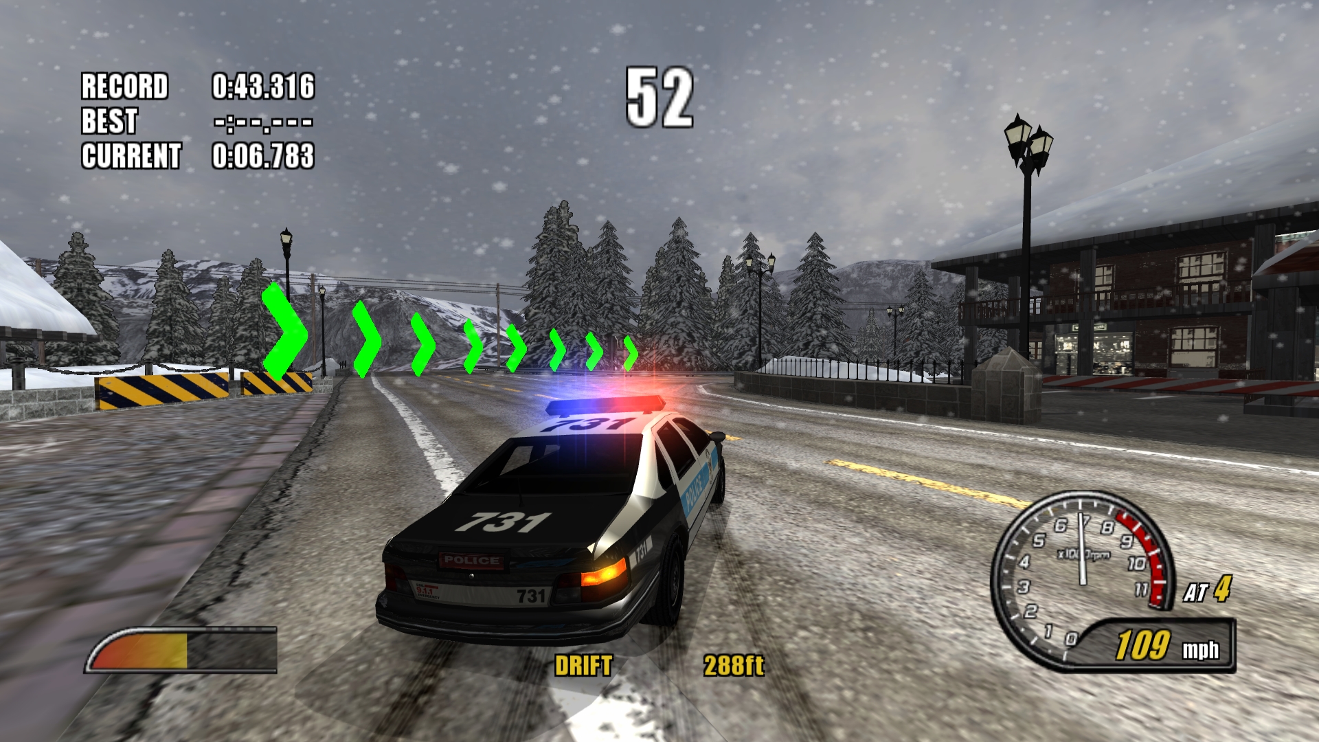 Police car drifting on a snowy track