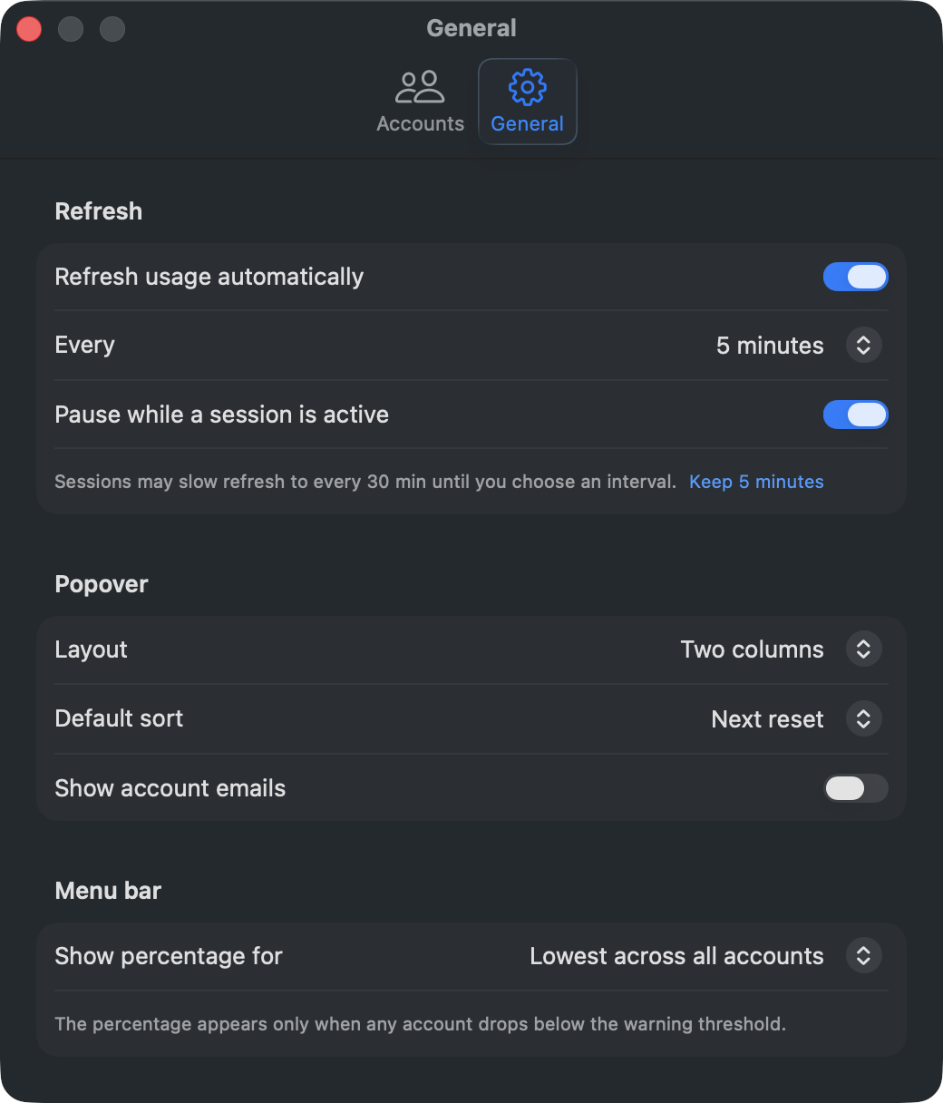 Settings → General — refresh cadence, layout, menu bar, and update controls