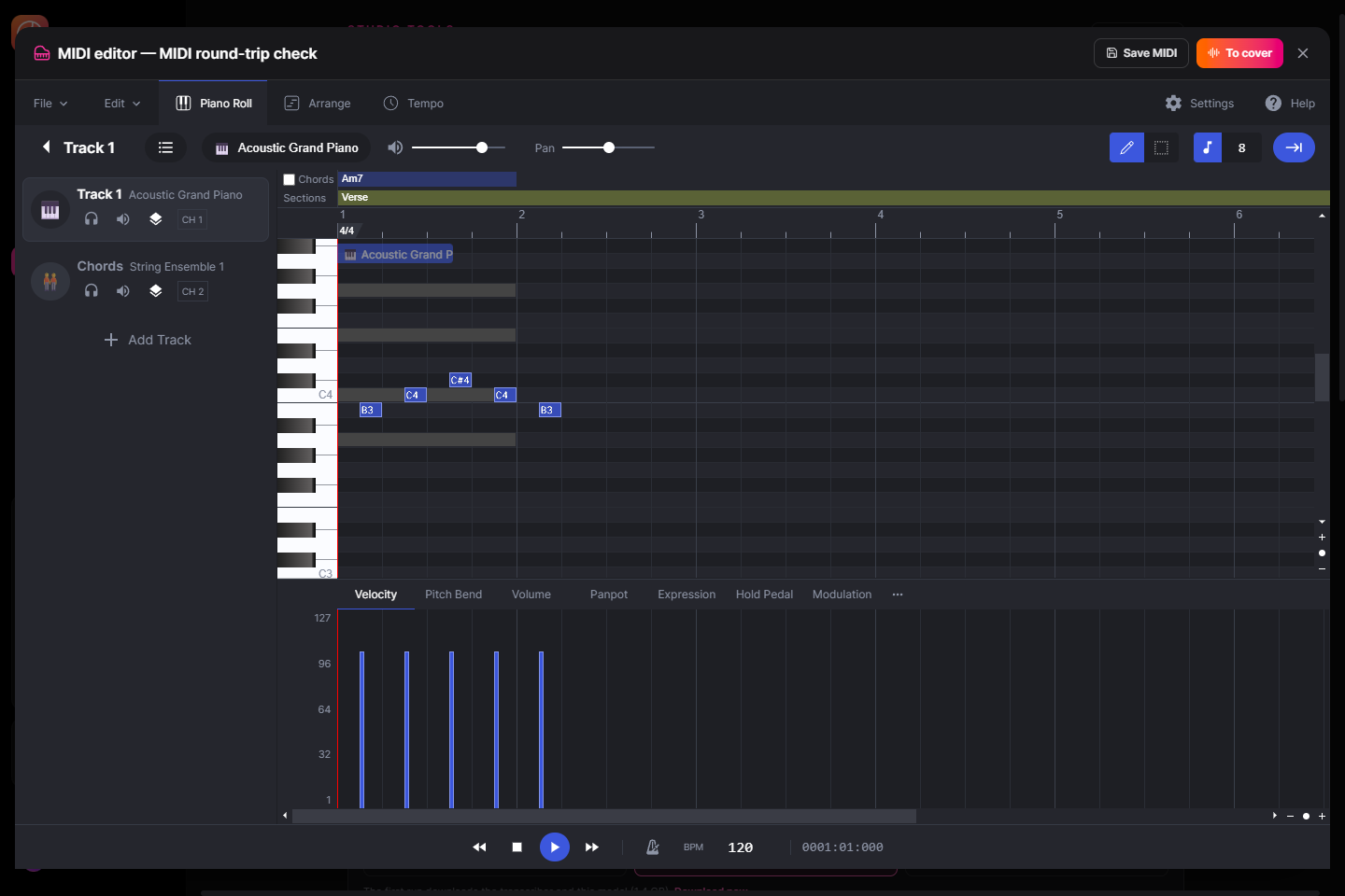 The MIDI editor: chords, sections and notes