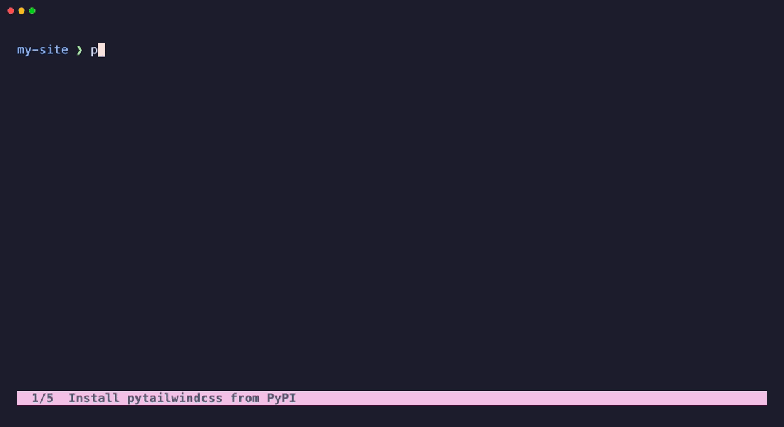 Installing pytailwindcss, then watching and building CSS with the tailwindcss command