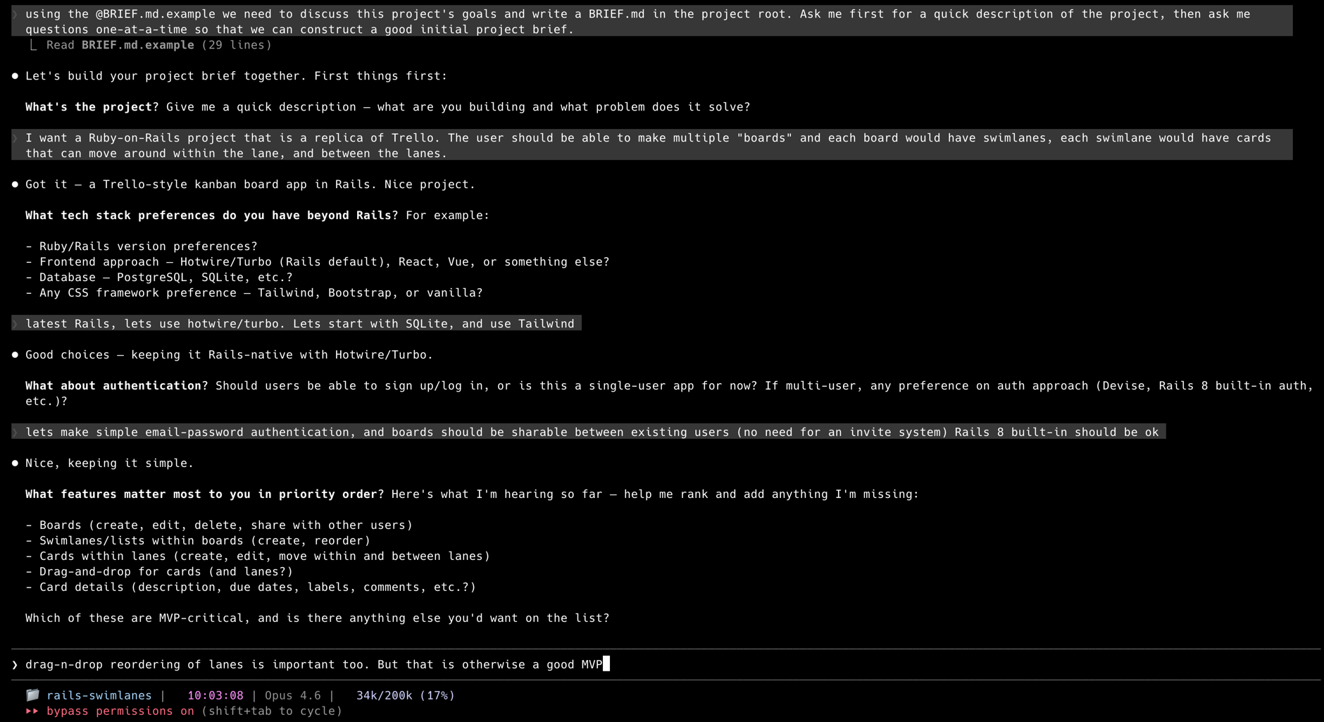 Example of Claude Code building a BRIEF.md through interactive Q&A