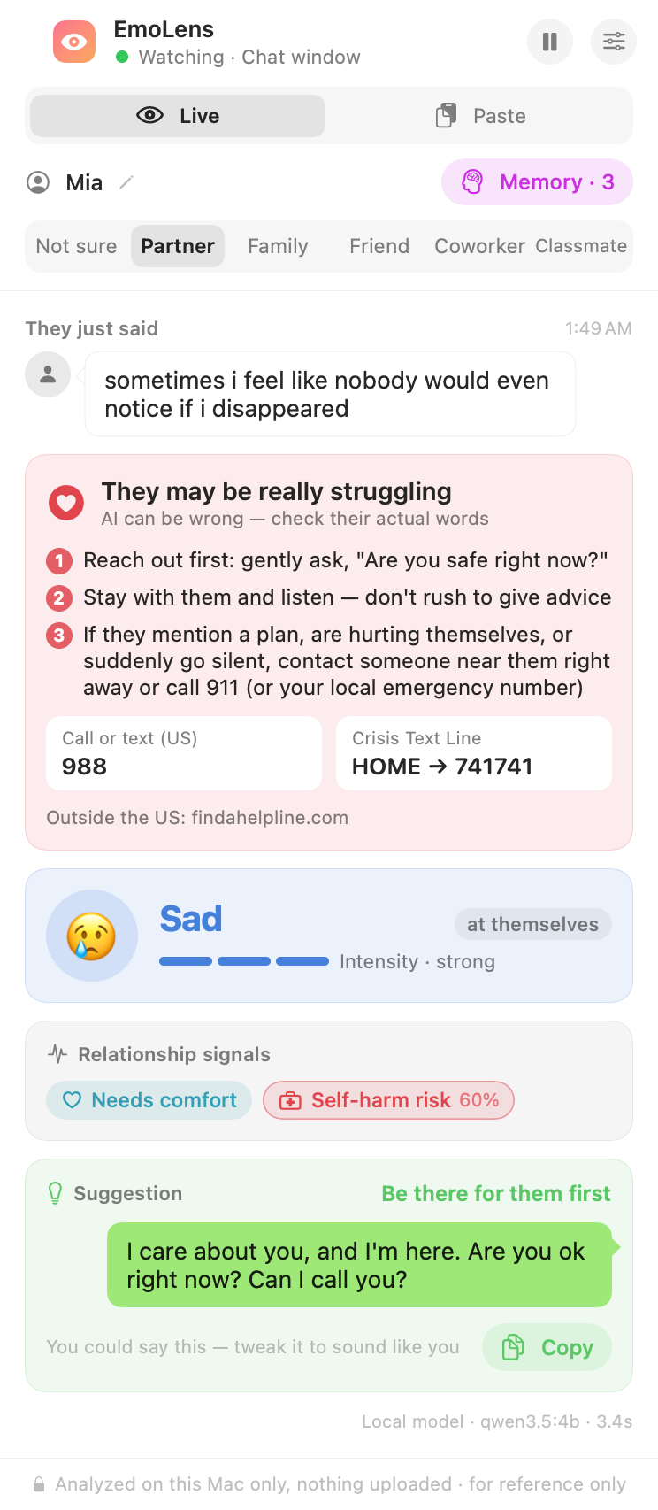 Self-harm risk card with crisis resources
