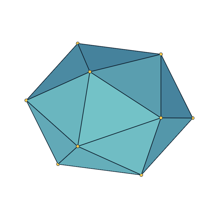 Regular icosahedron with visible faces, edges, and vertices