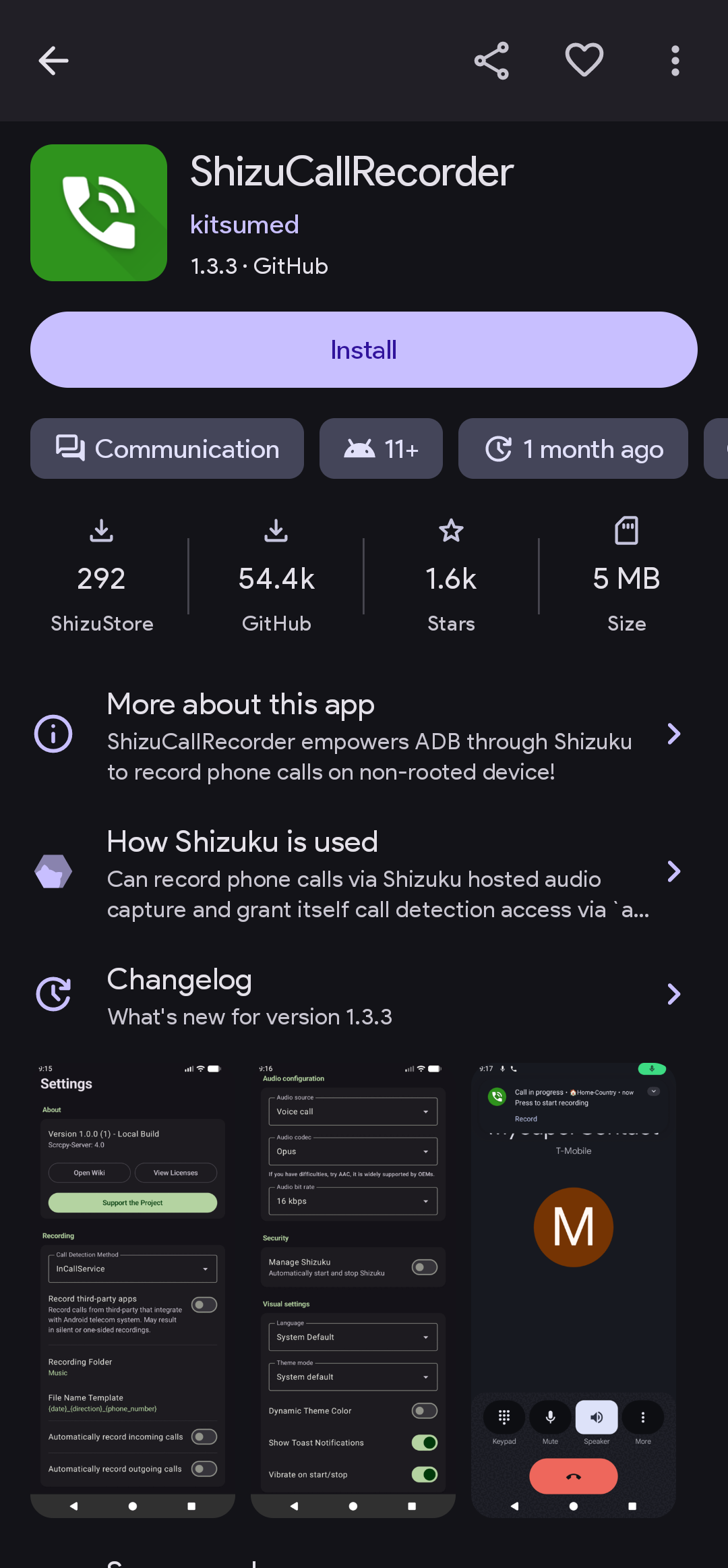 App details with screenshots and changelog