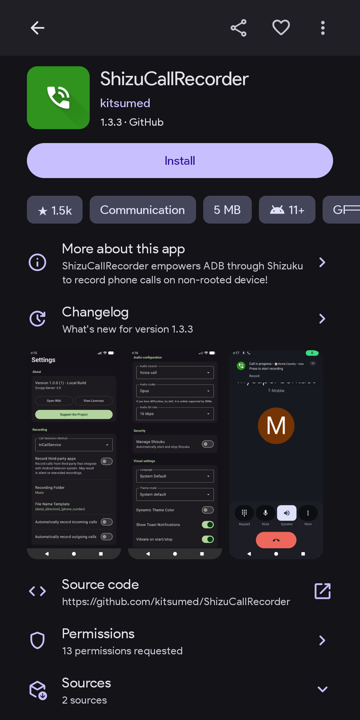 App details with screenshots and changelog