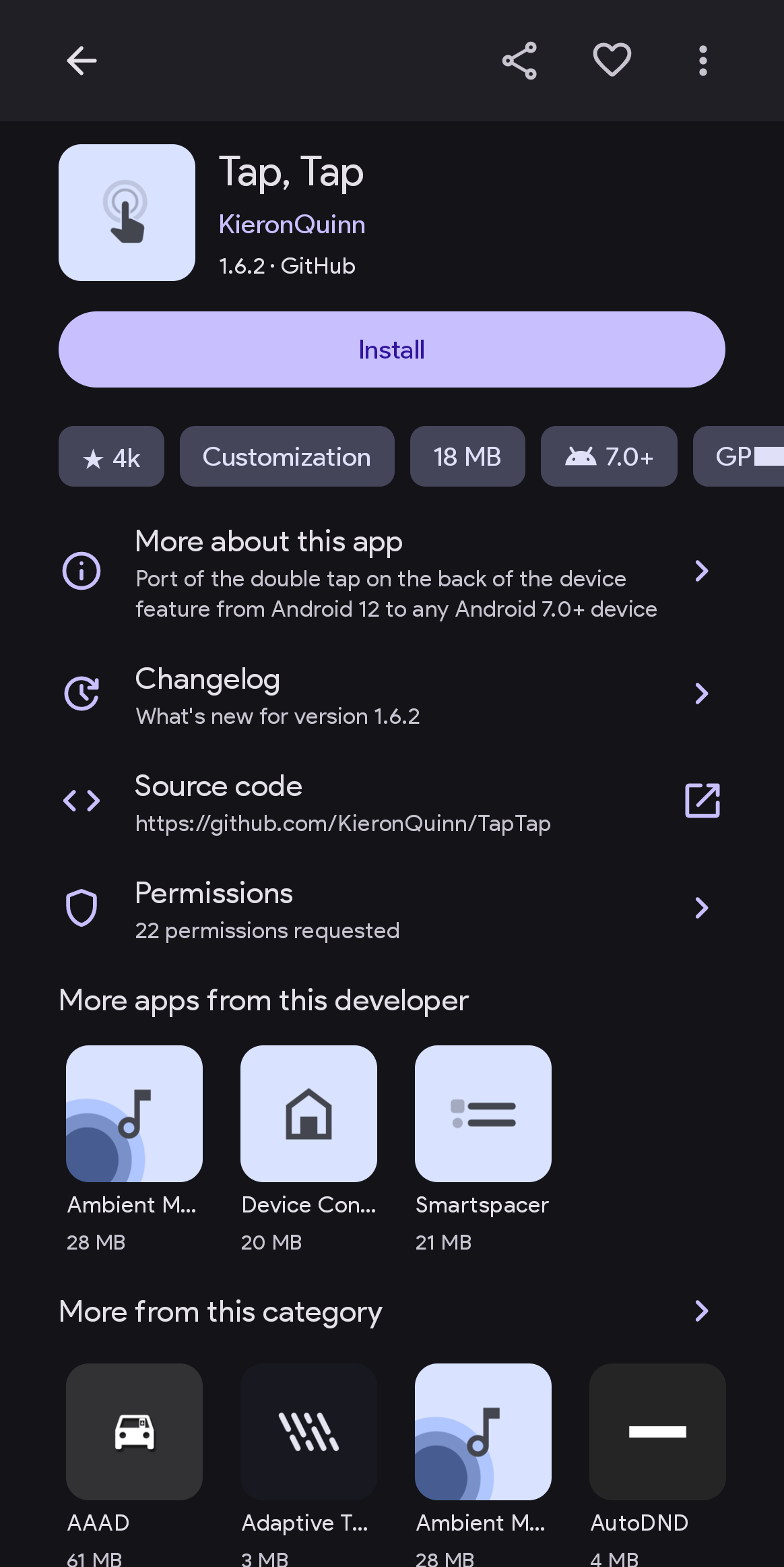 App details with developer and category suggestions