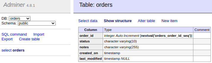 Adminer interface