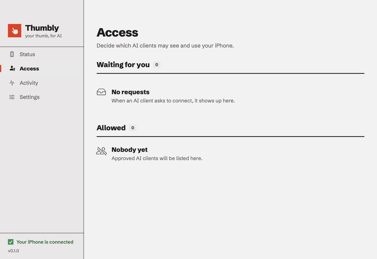 The Thumbly Access screen
