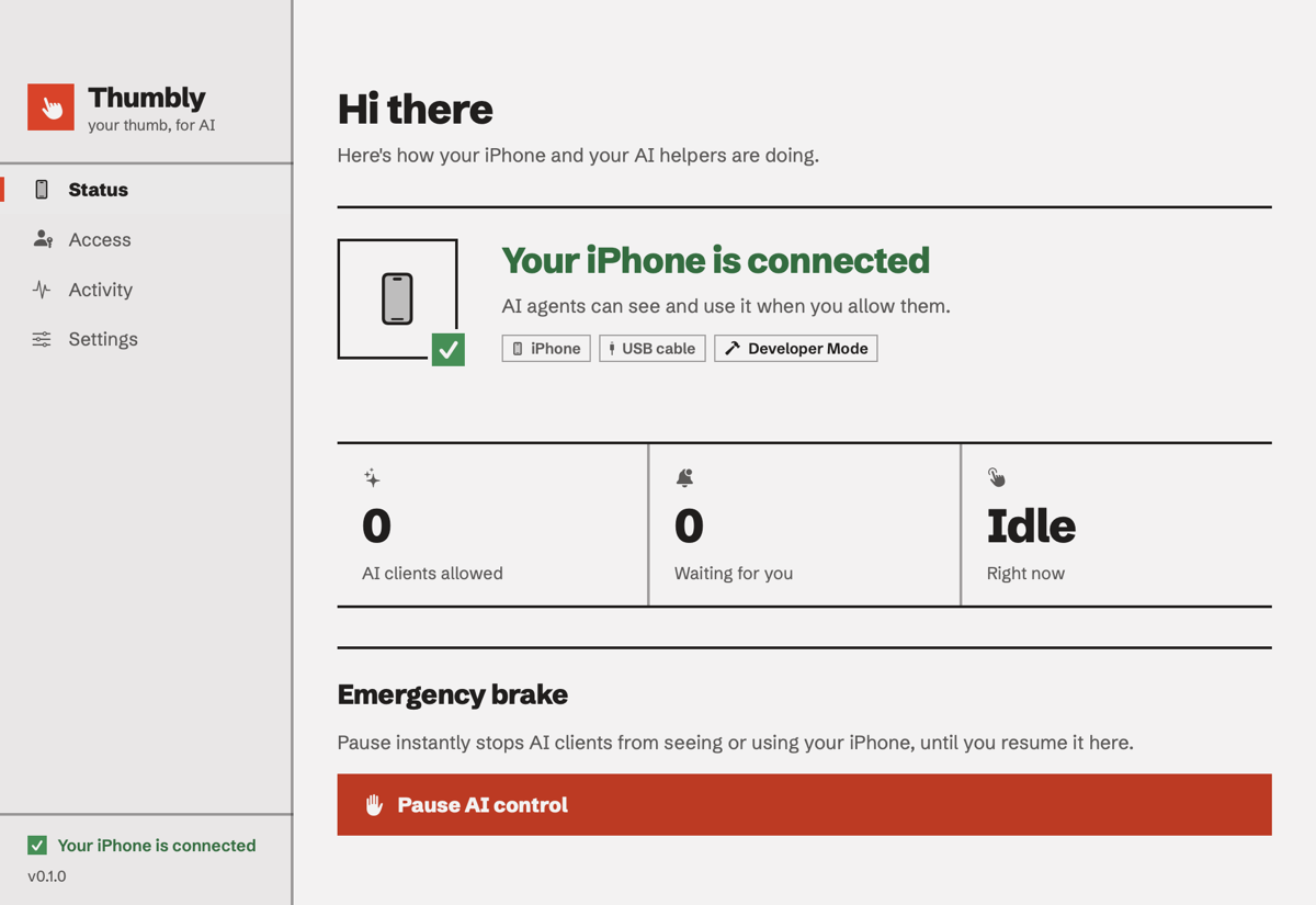 The Thumbly Mac app showing a connected iPhone