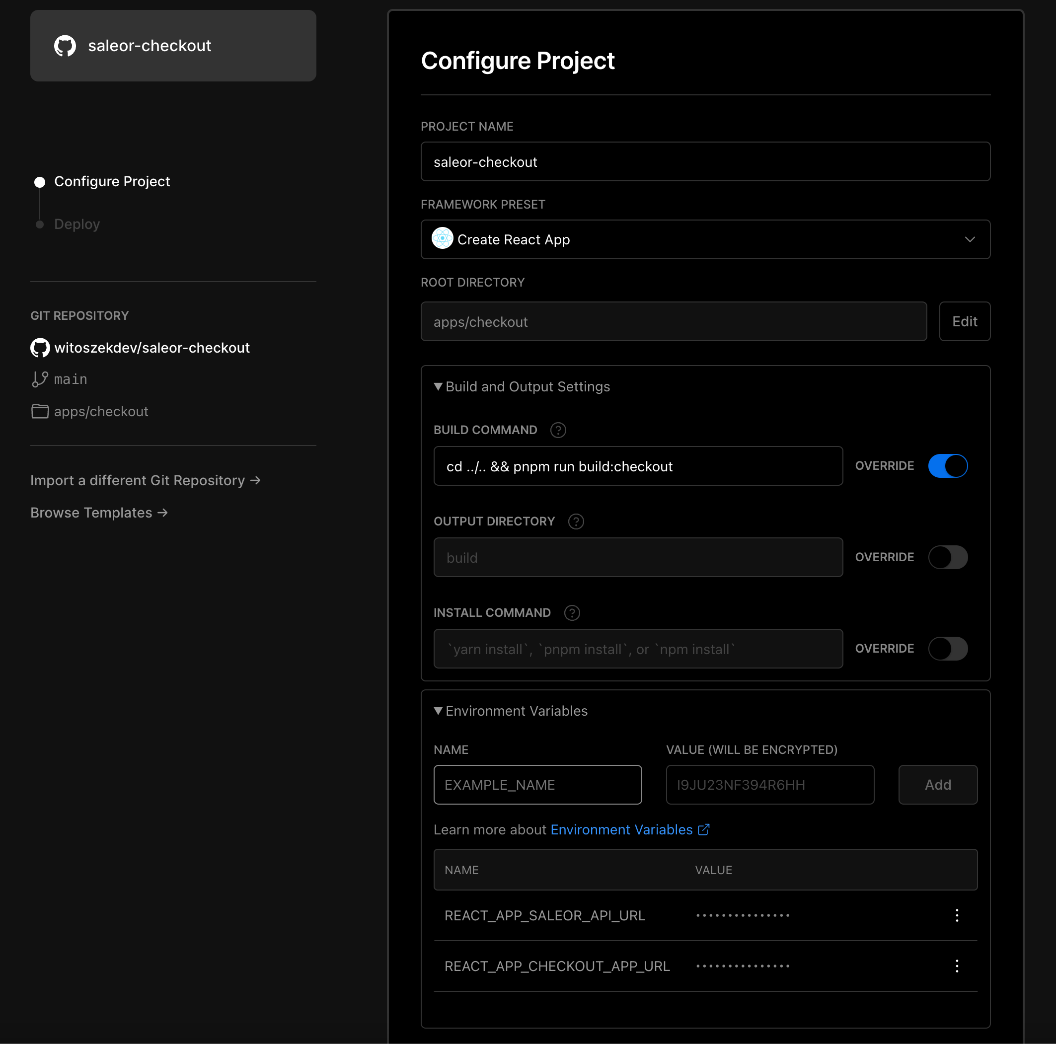 Vercel "Configure project" page with all settings filled out for Checkout frontend deployment