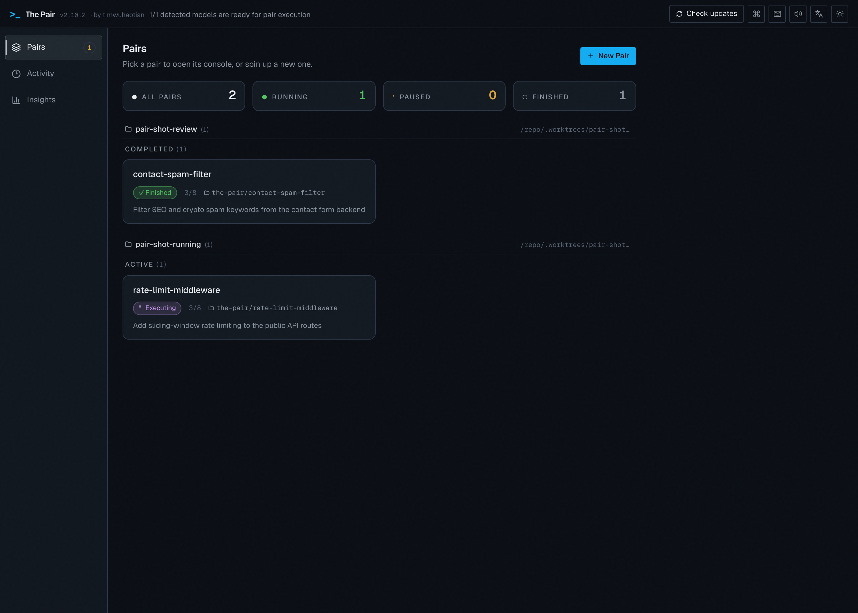 Pairs hub with workspace-grouped pair cards