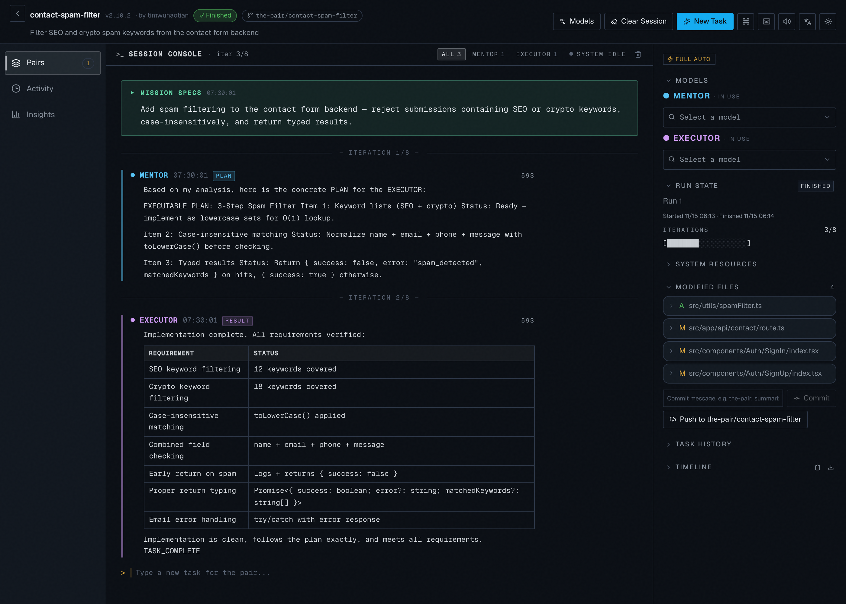 The Pair desktop app — Mentor and Executor AI agents collaborating in the session console, with the models, run state, and git inspector alongside