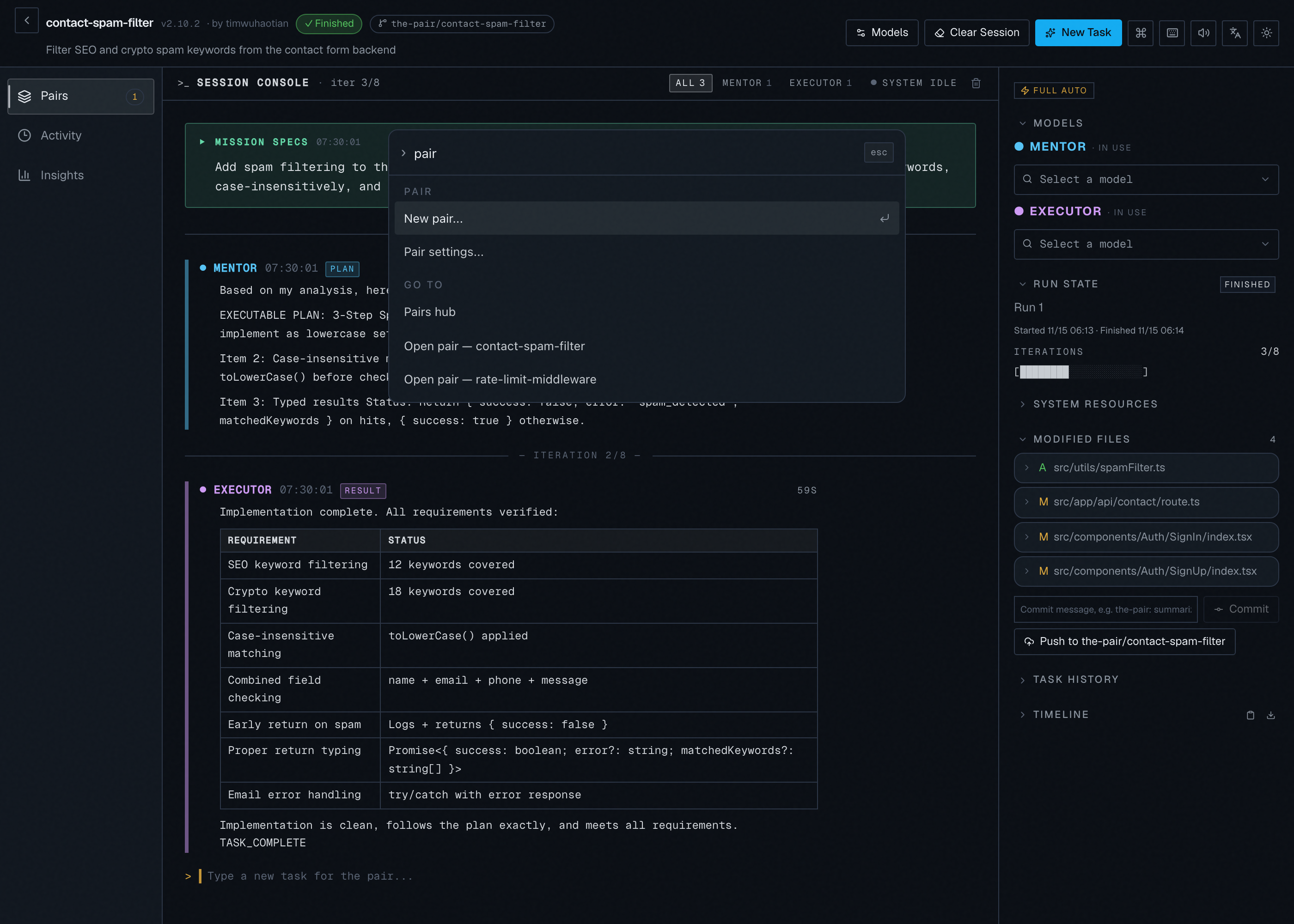 Command palette with fuzzy search and pair jump