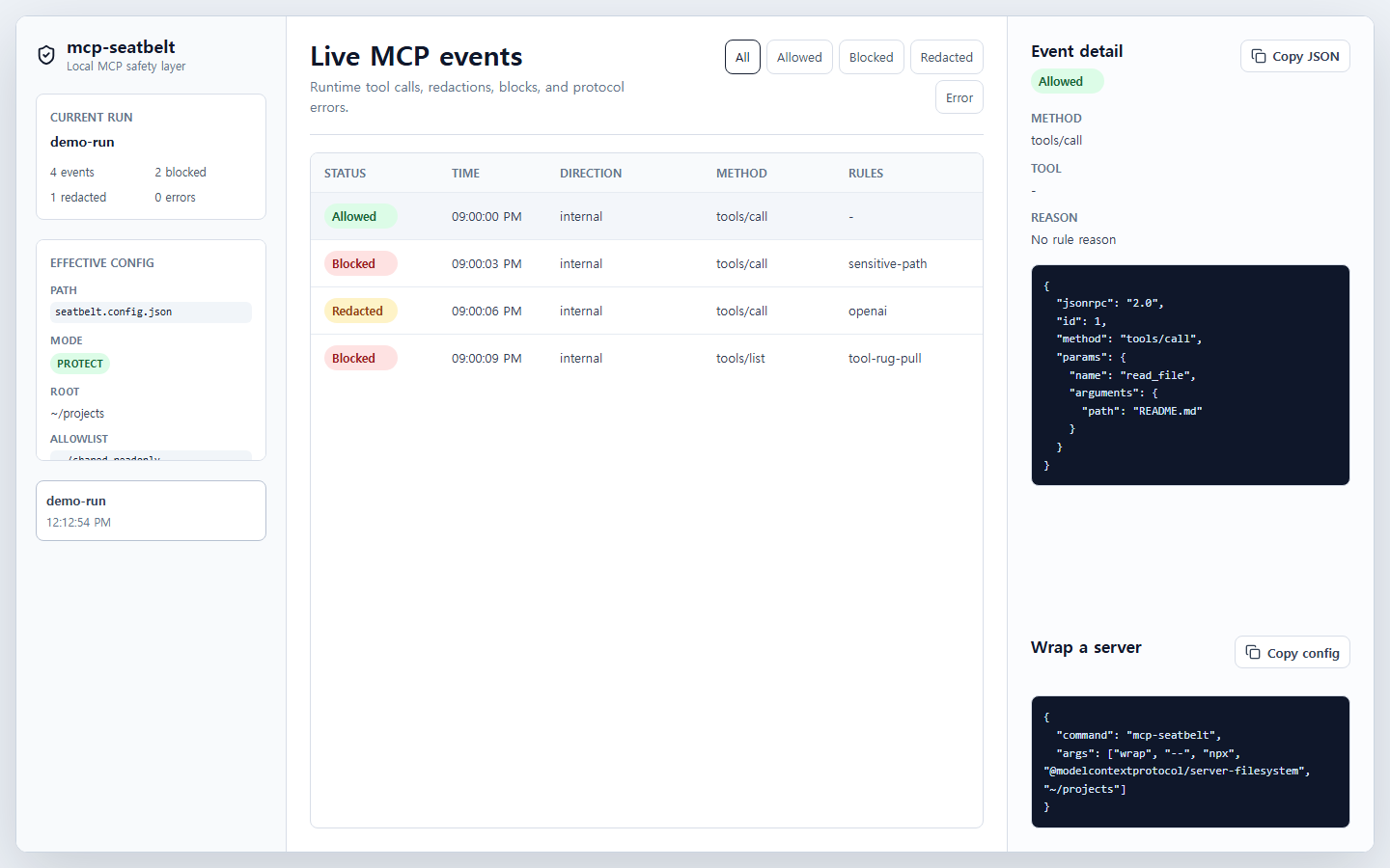 mcp-seatbelt dashboard
