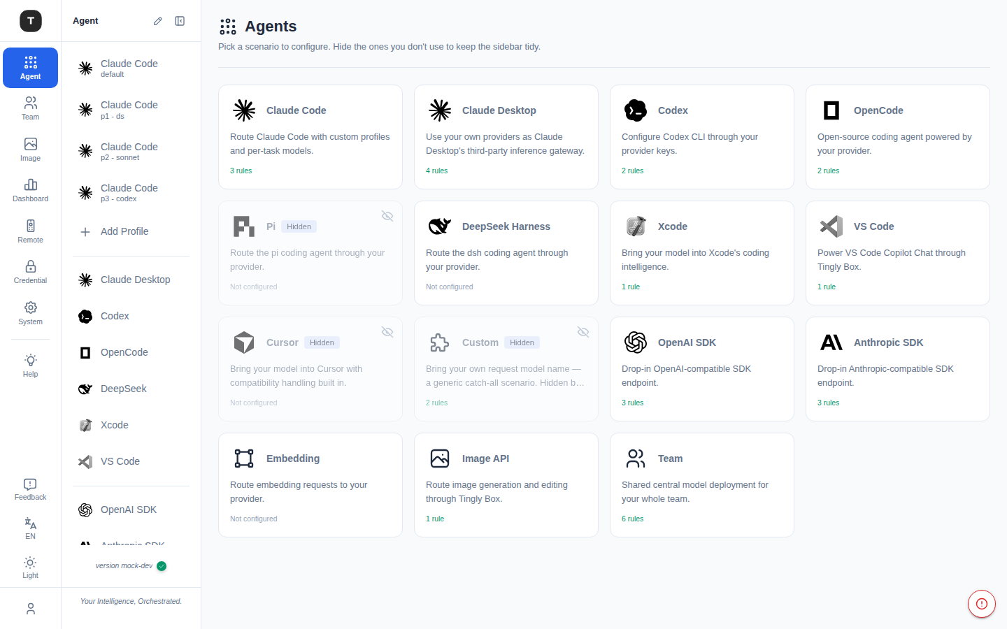 Agents page in Tingly Box listing Claude Code, Claude Desktop, Codex, OpenCode, Xcode, VS Code and SDK scenarios