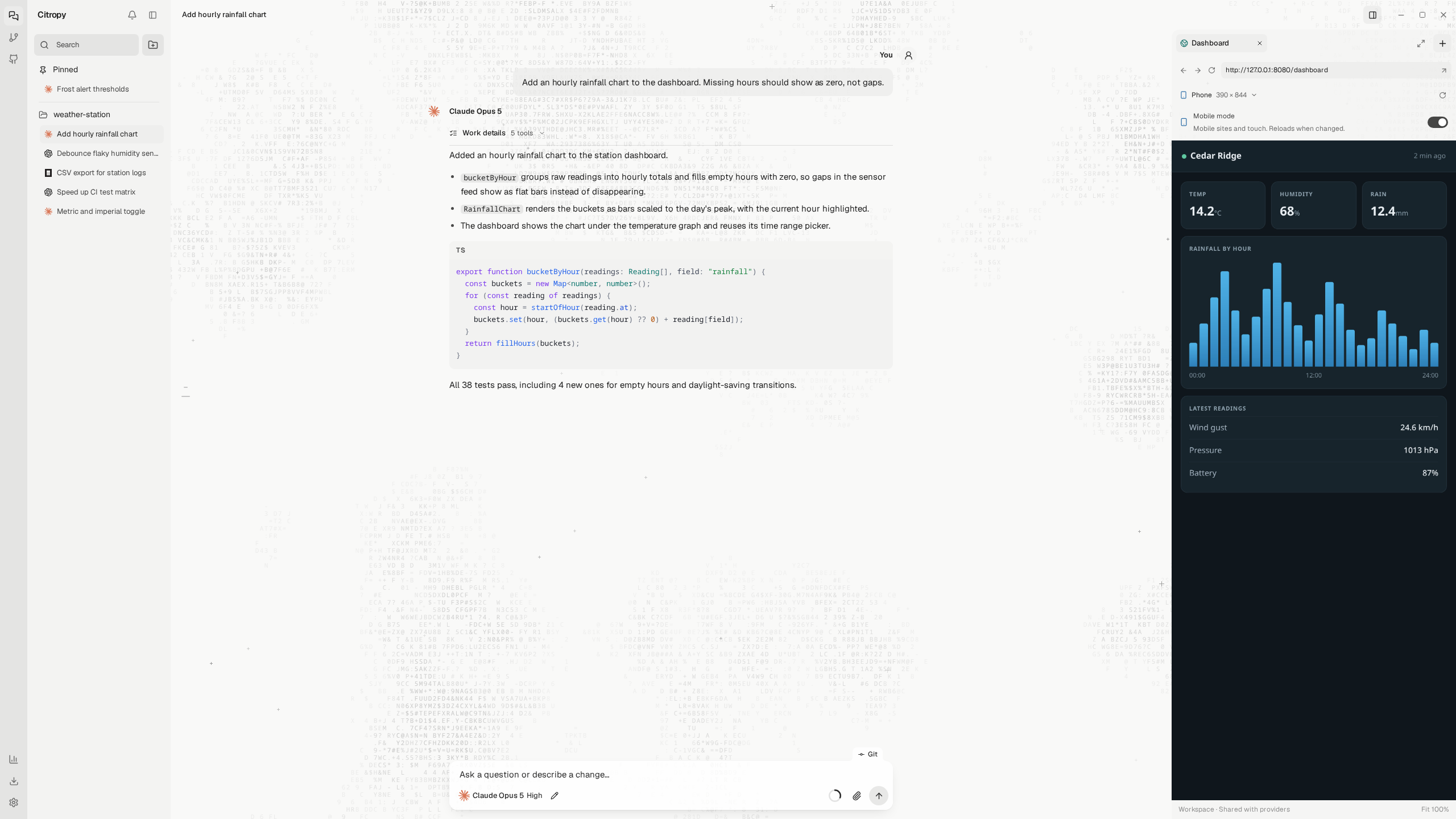 The browser panel showing a local dashboard next to the conversation