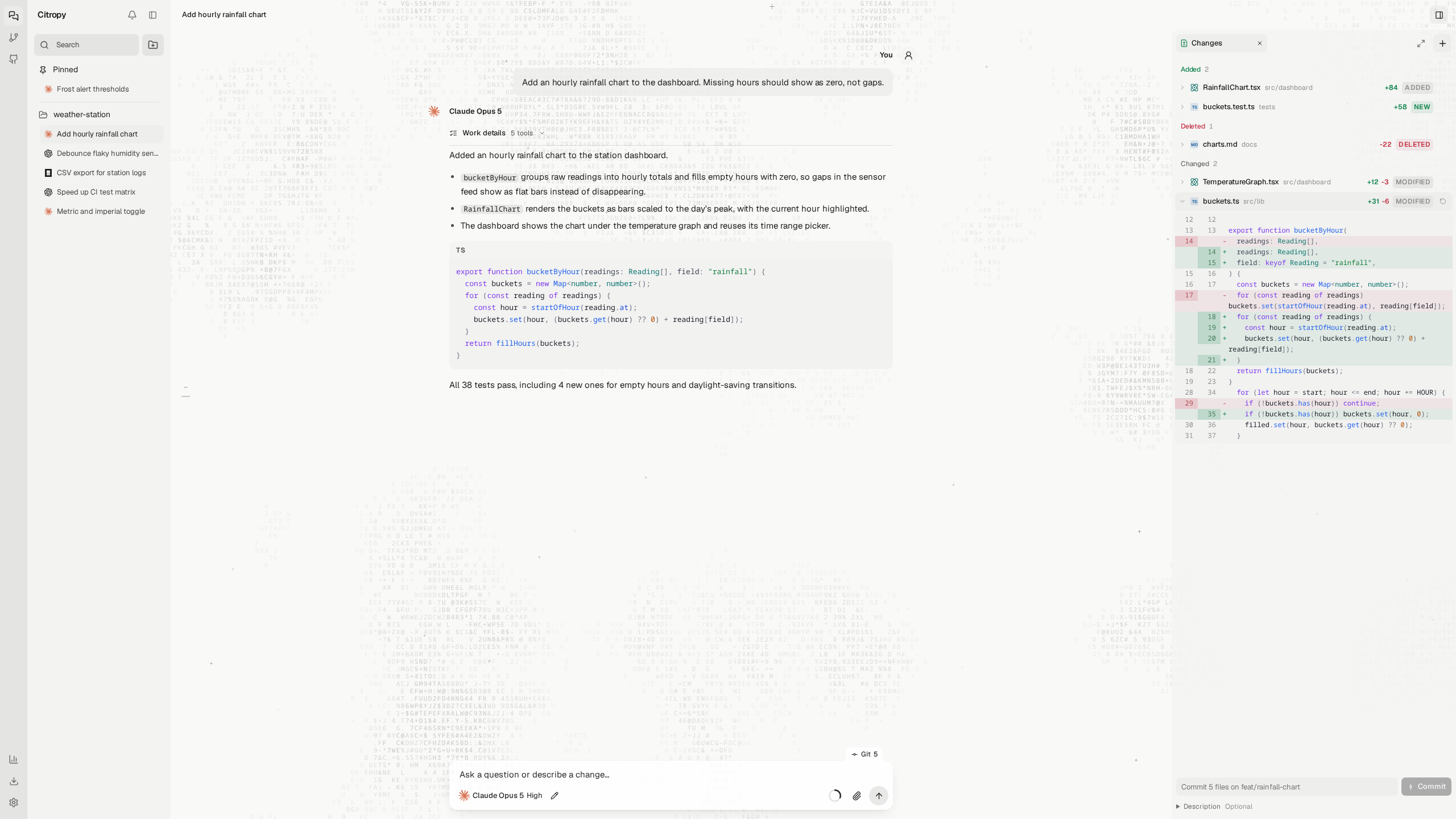 The Changes panel with grouped files and an expanded diff