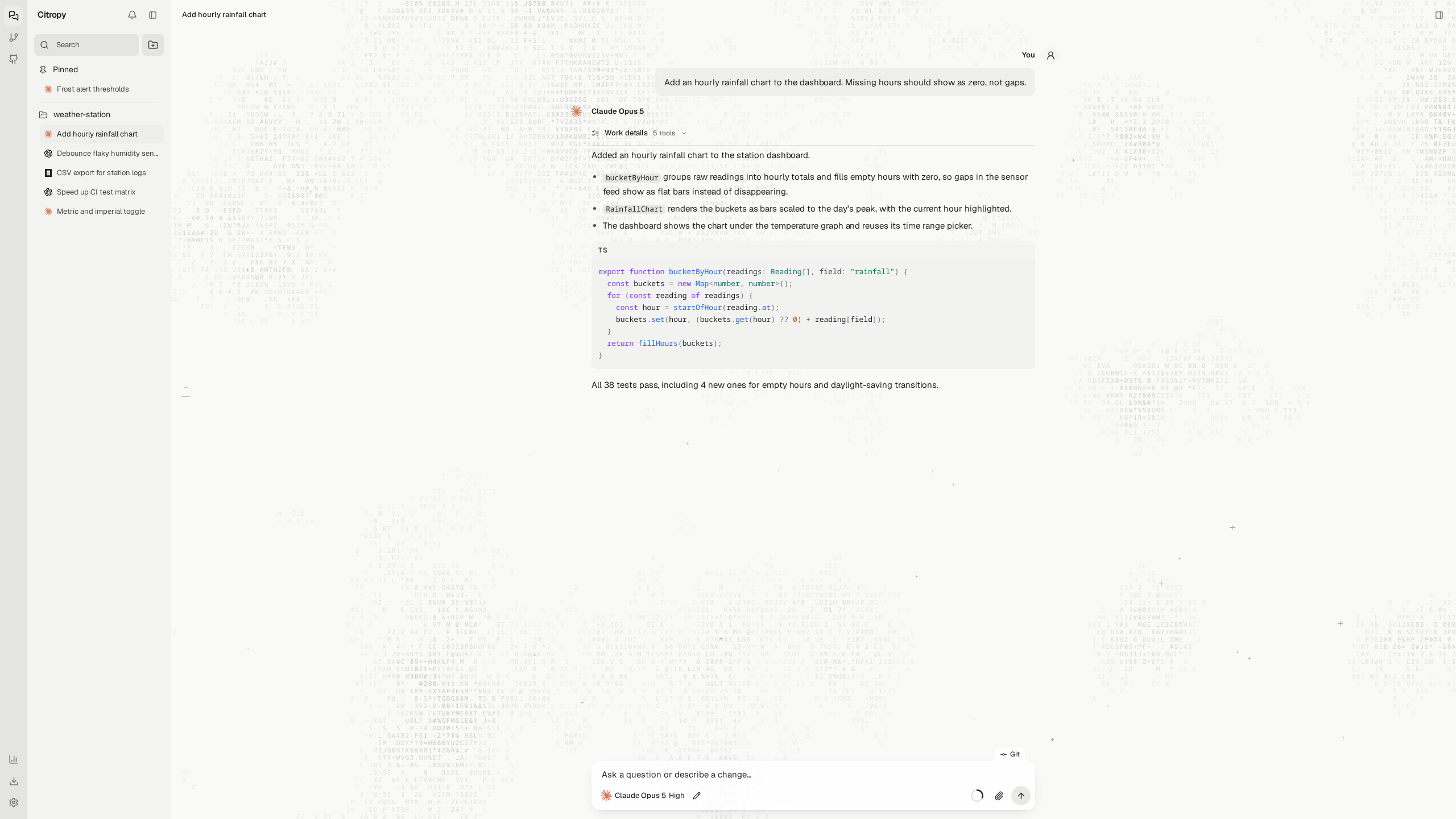 Citropy running a Claude Code conversation beside the conversation list
