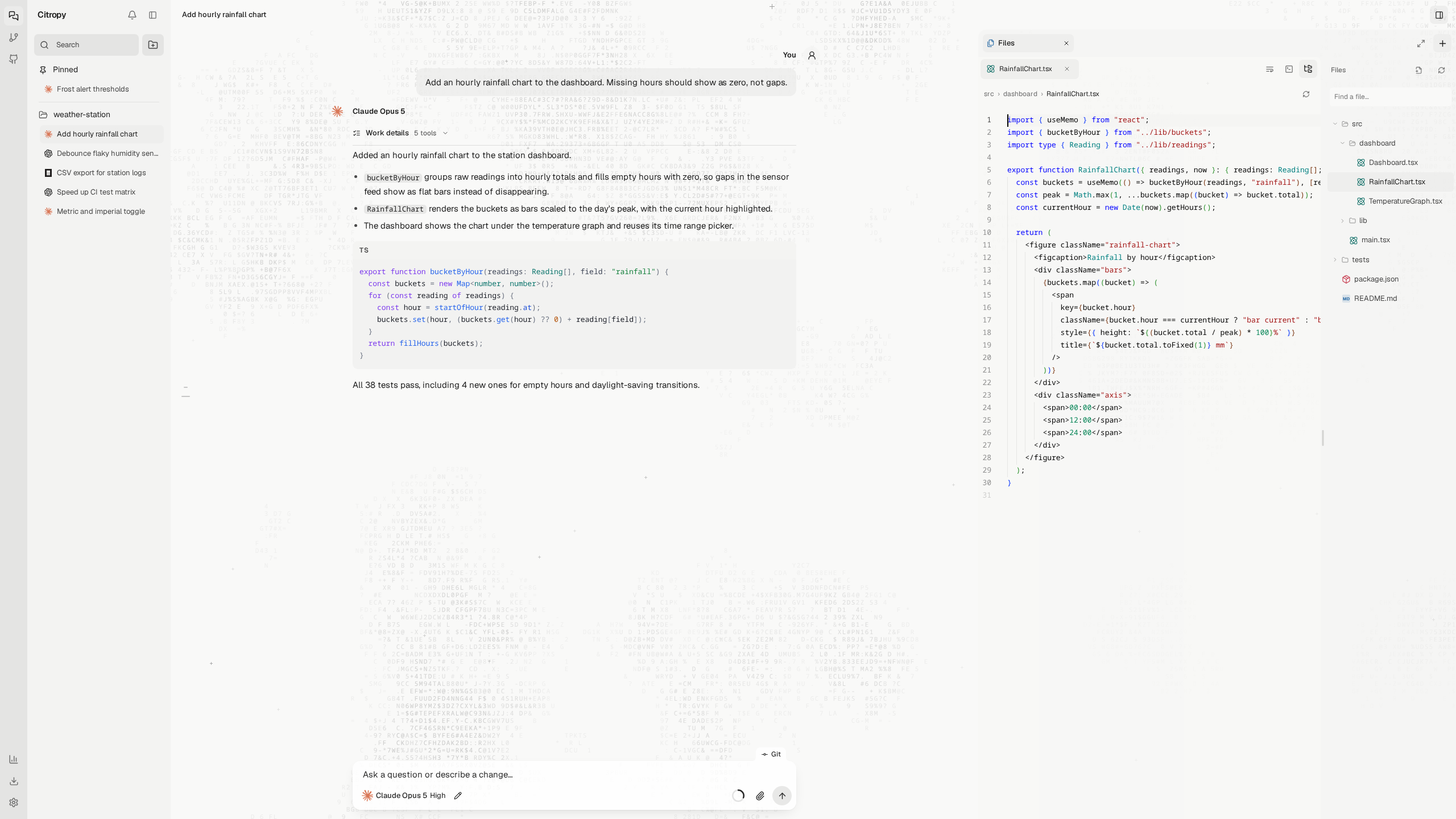 The Files panel with a TypeScript file open in the editor beside the conversation