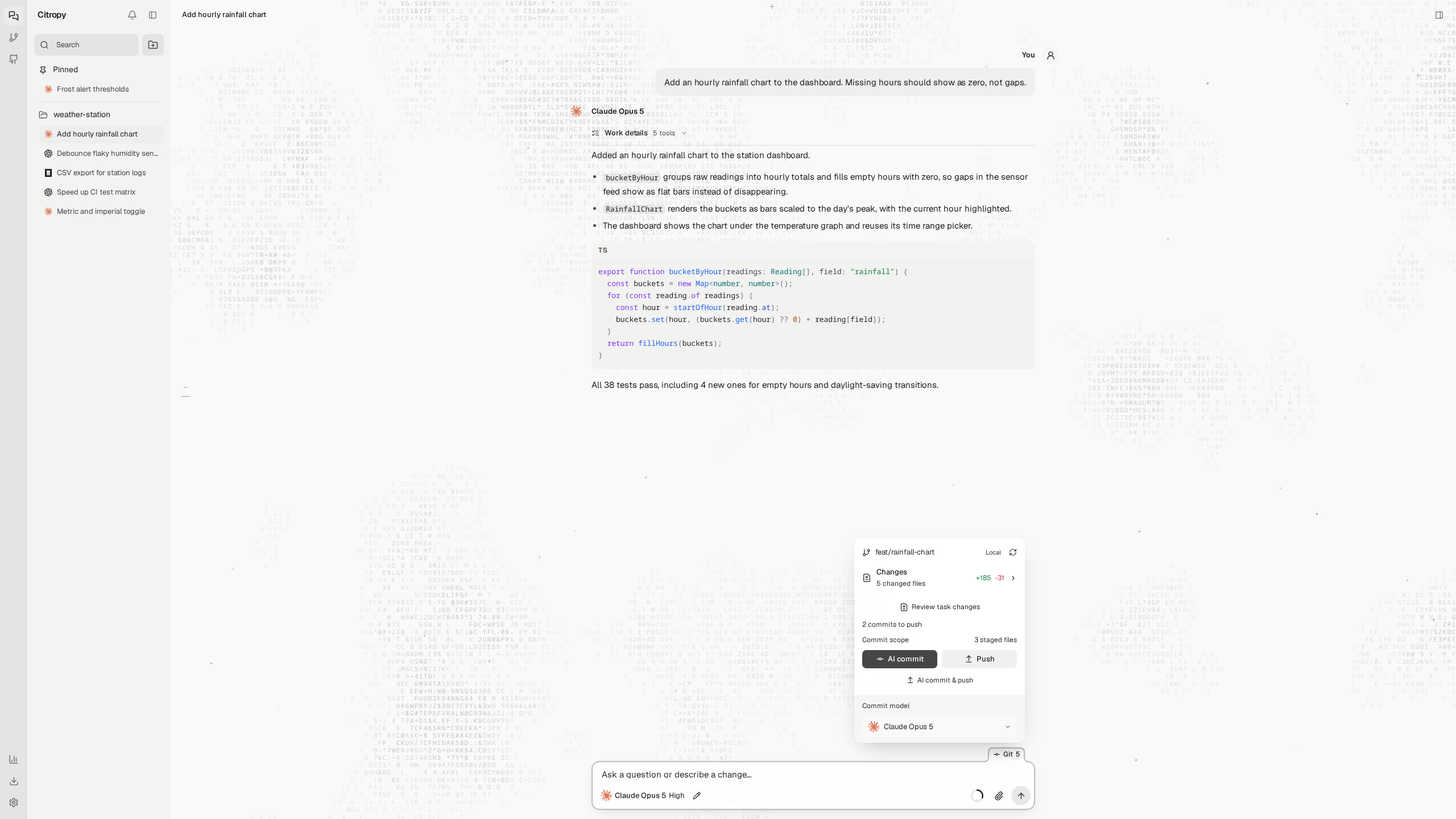 The Git menu above the composer showing the branch, changed files, and AI commit buttons