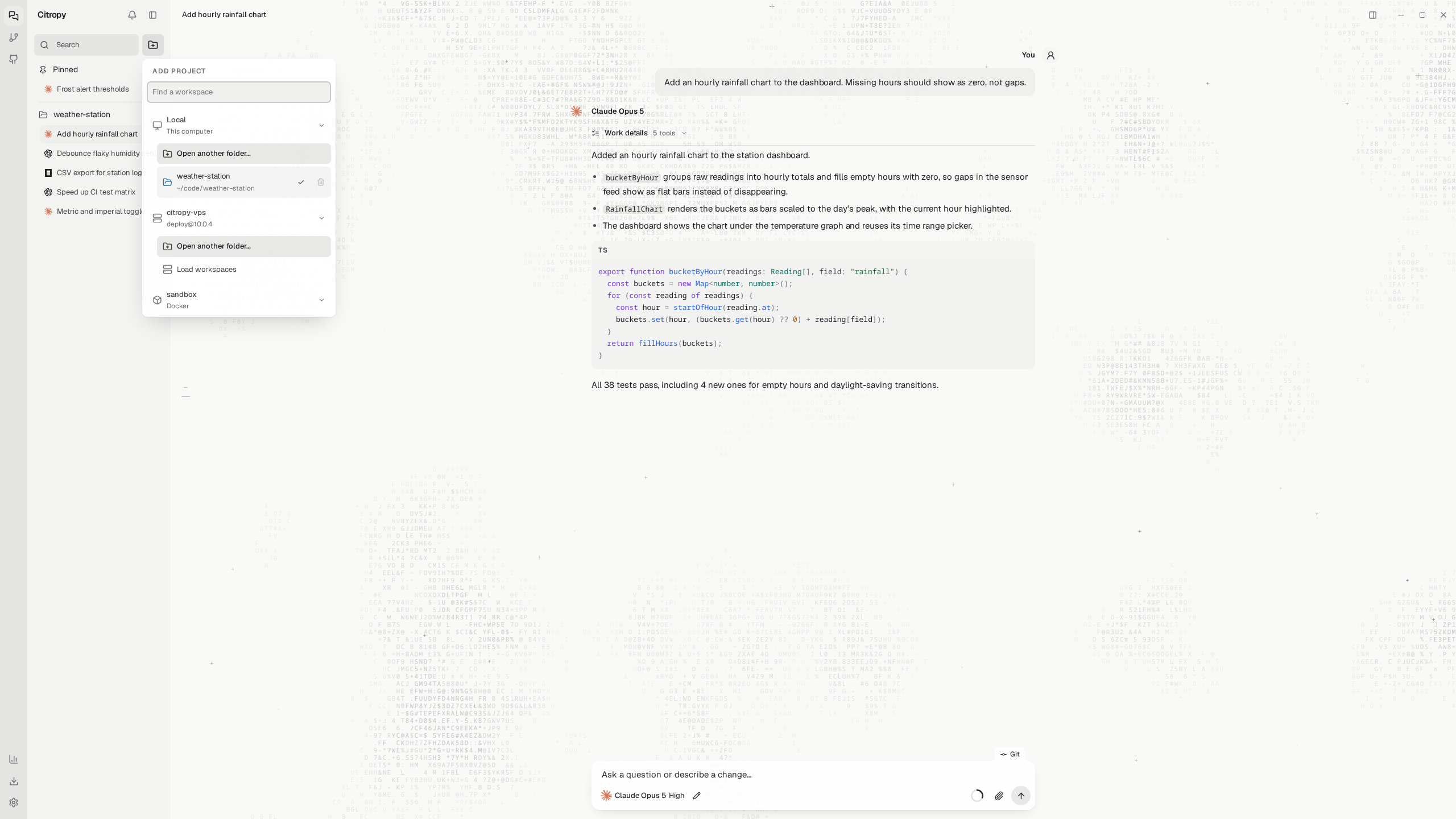 The Add project menu showing local folders, an SSH host, and Docker