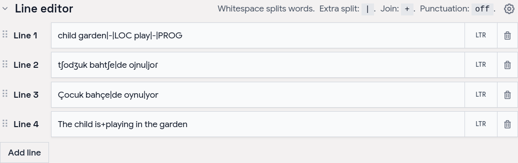 Aligner line editor with stacked lines and word-splitting summary