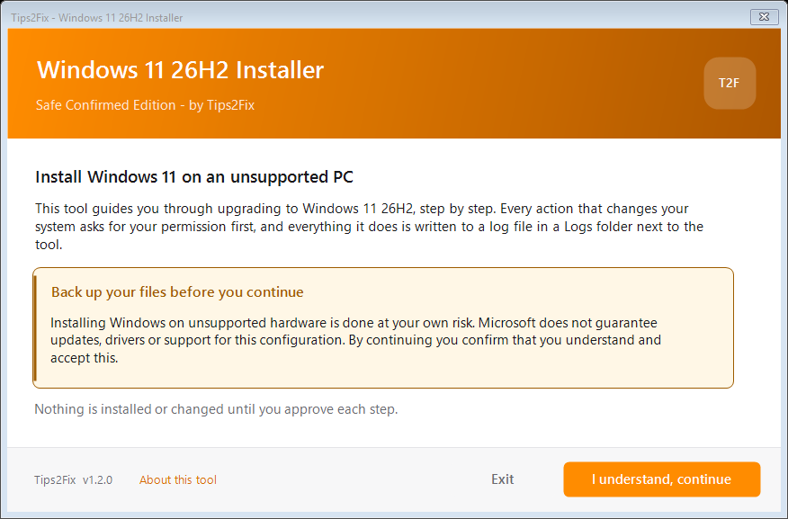 Tips2Fix installer welcome screen with the backup warning
