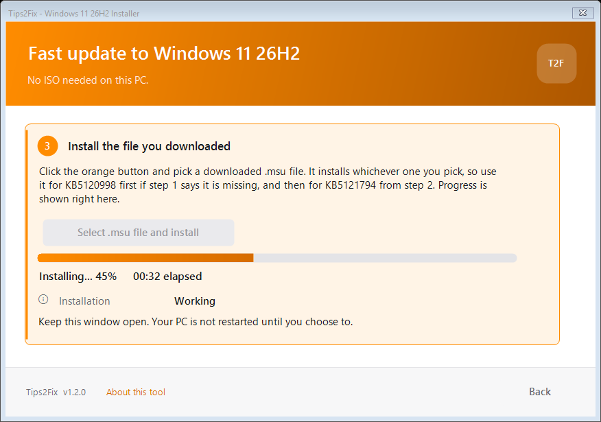 Fast update screen showing the install progress bar at 45 percent