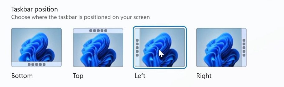 Taskbar position setting with Bottom, Top, Left and Right options