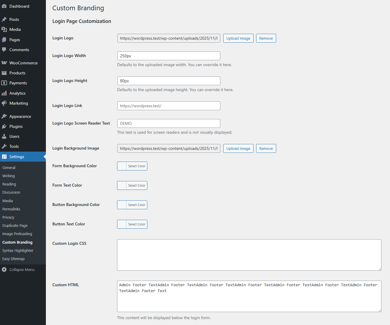 Login Page settings