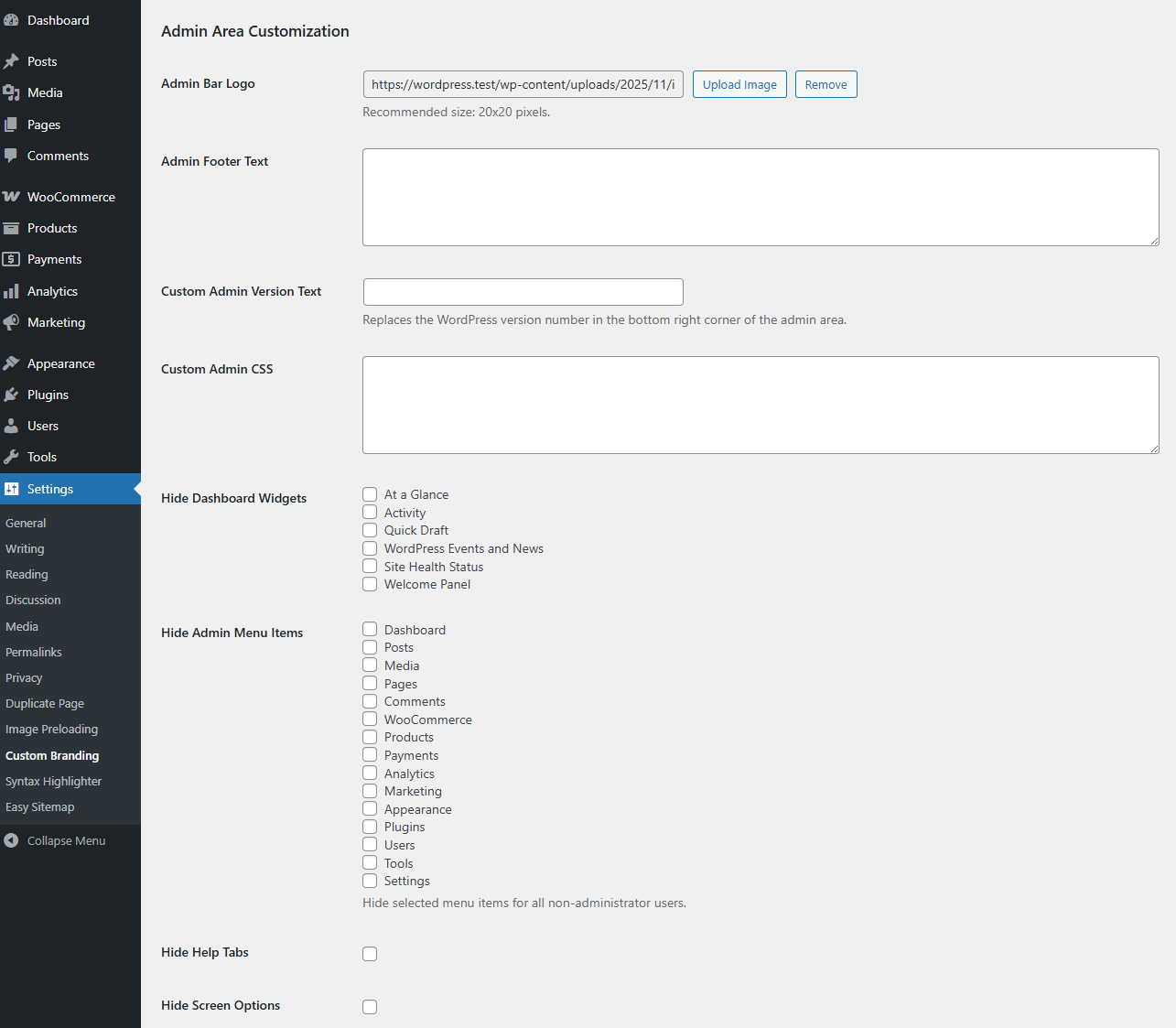 Admin Area settings