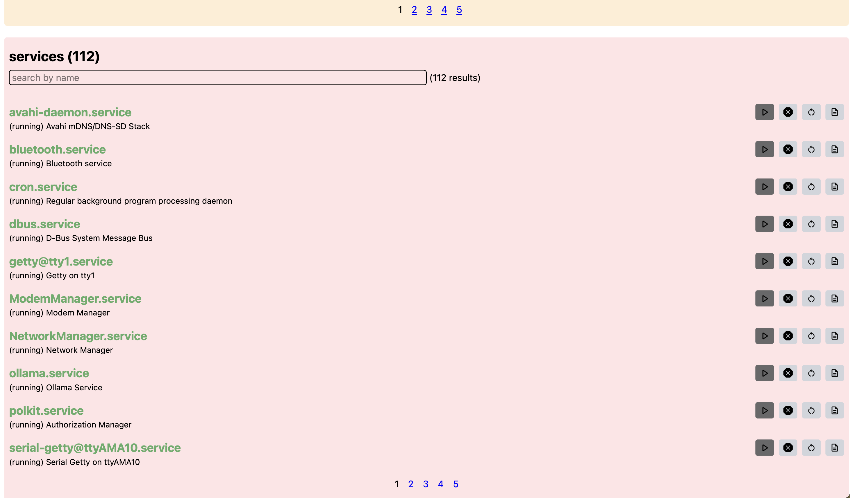 services showing on the web interface