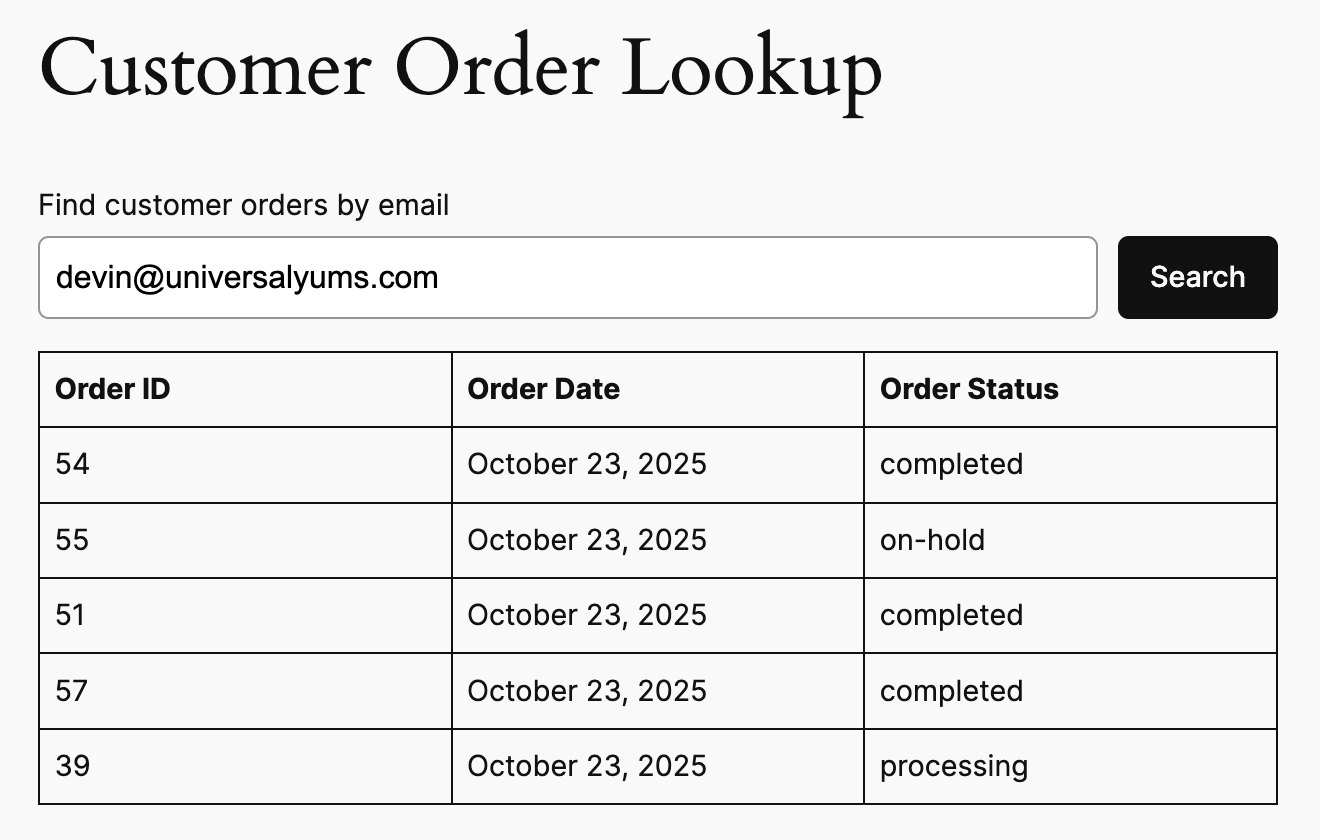 Yums Order Lookup Block