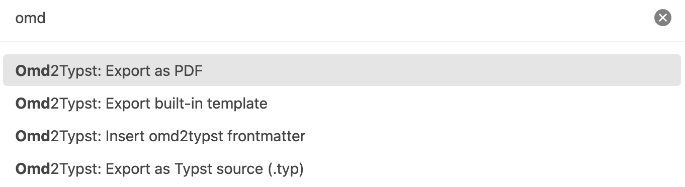 Command palette showing the four Omd2Typst commands