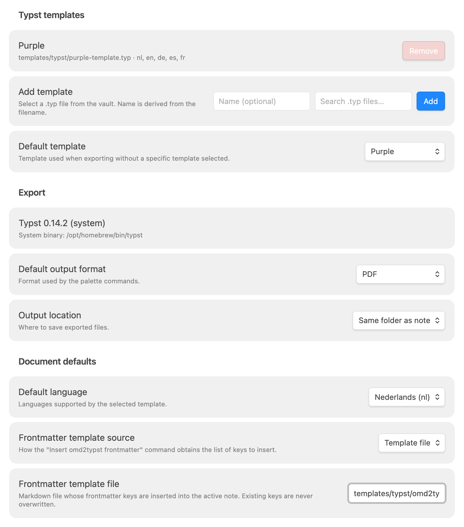 Configured Omd2Typst settings — template, Typst compiler status, and output options