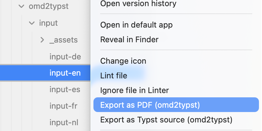 Right-click context menu with Export as PDF and Export as Typst source