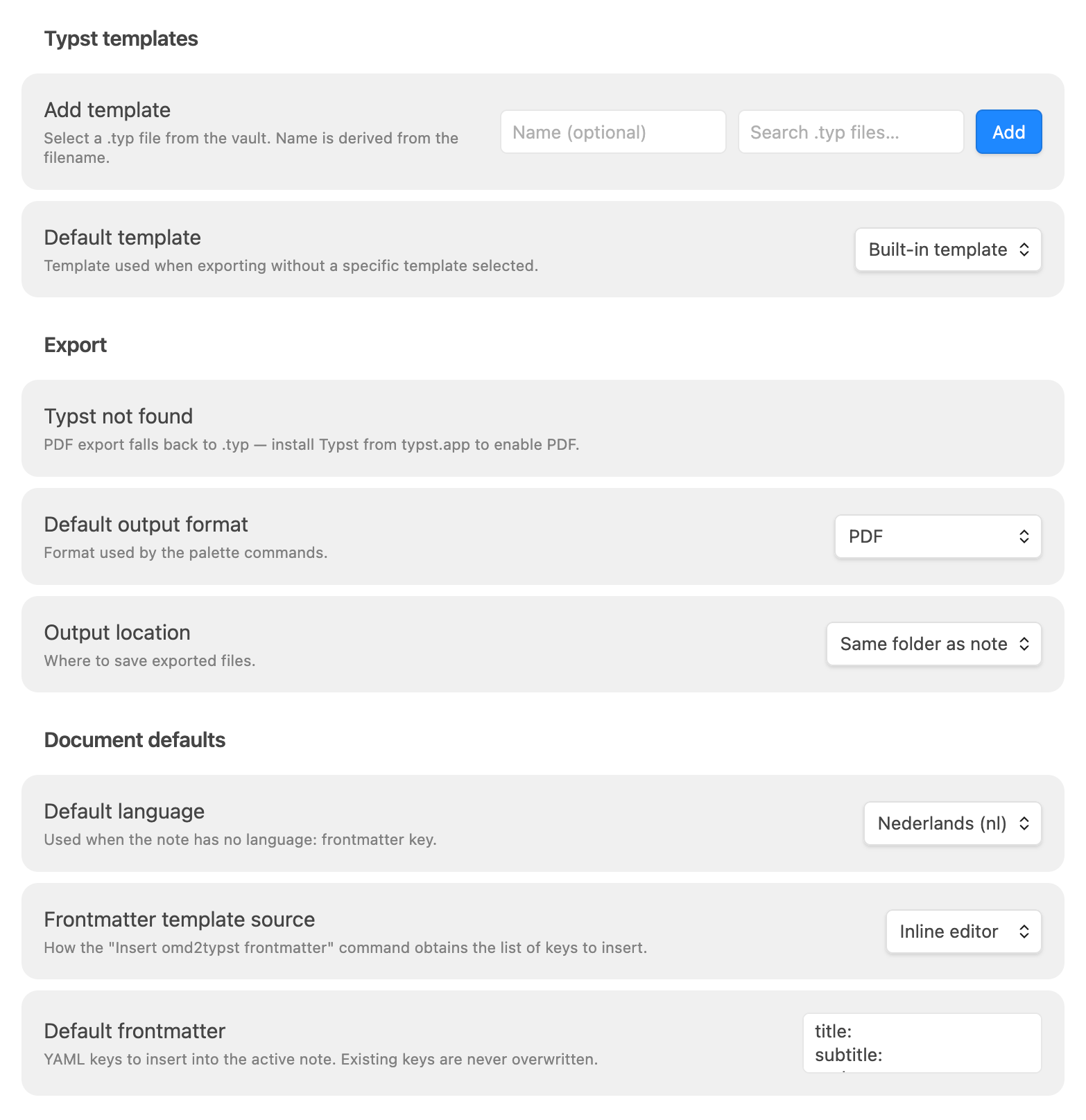 Default Omd2Typst settings