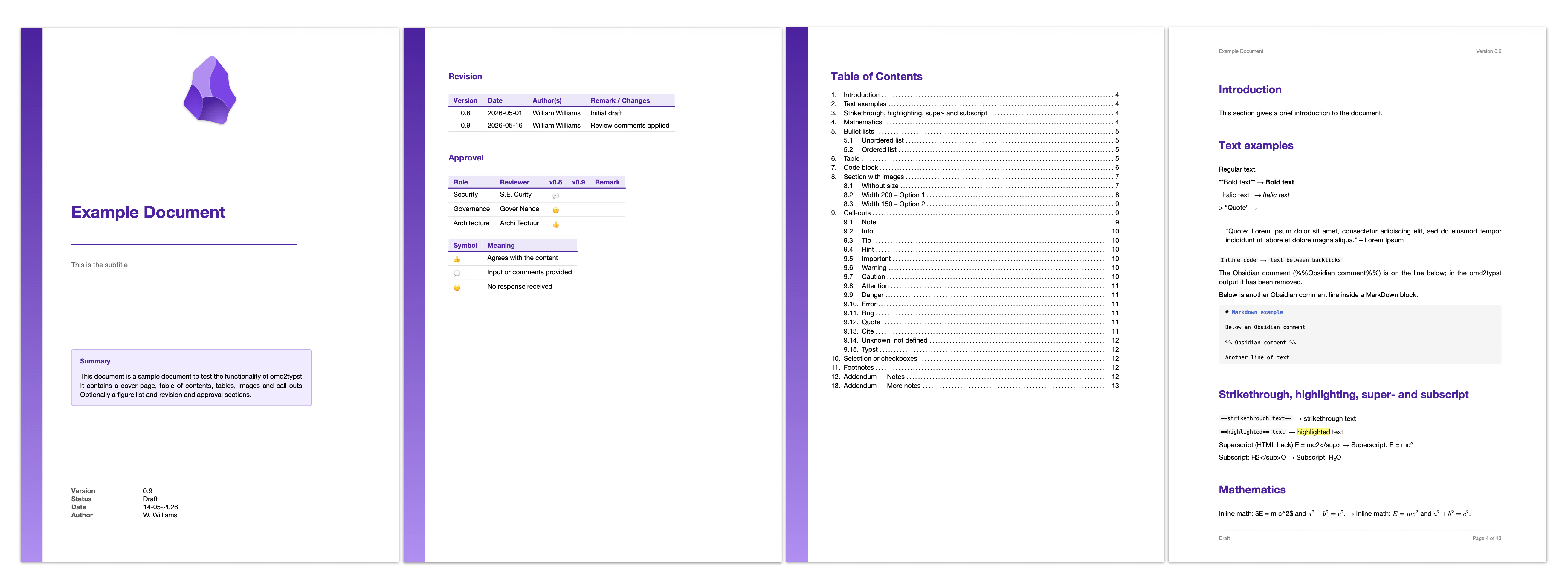 Sample PDF output — cover page and table of contents