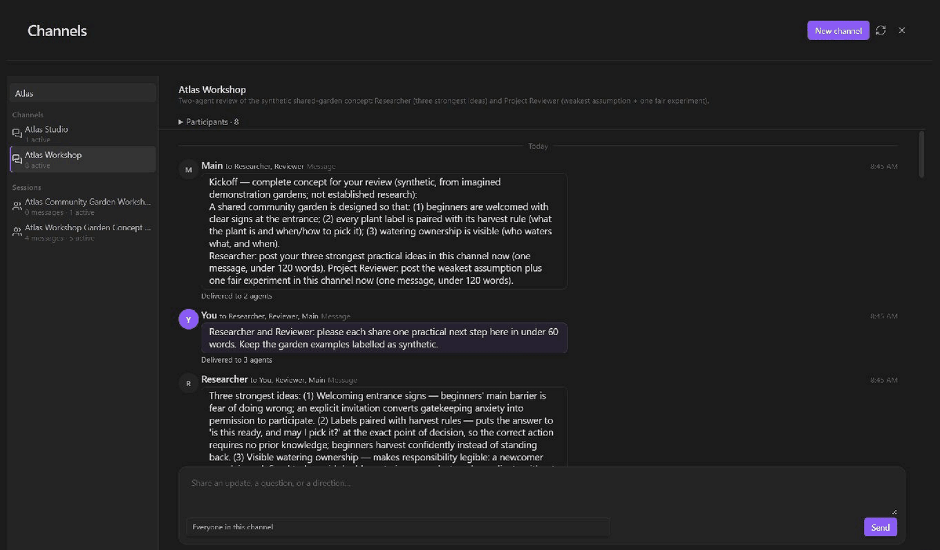 The Channels page in Obsidian: browse an Atlas Workshop discussion, read agent replies, and compose a message addressed to one participant.
