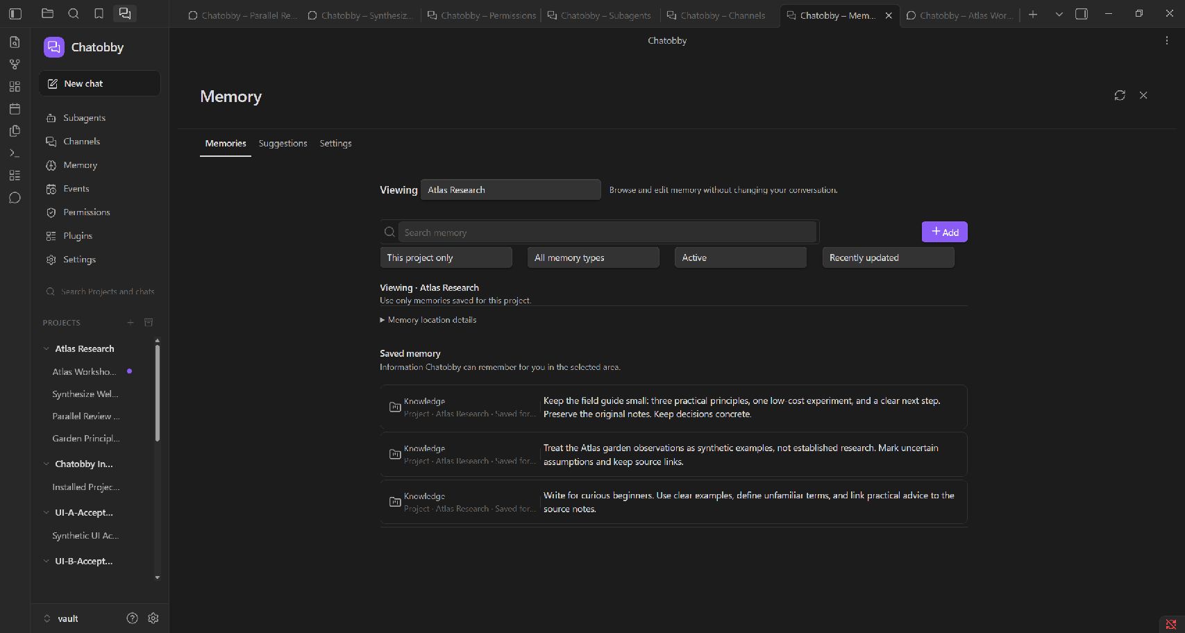 The Memory page showing searchable Project records and an editable memory entry.