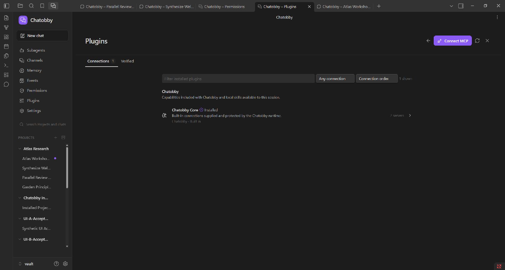The Plugins page with installed connections and the Connect MCP action.