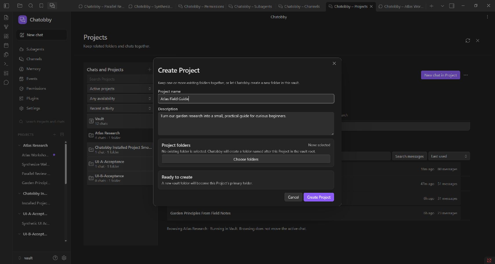 Projects in Chatobby: a folder-based workspace, its conversations, and searchable chat navigation in the Obsidian sidebar.