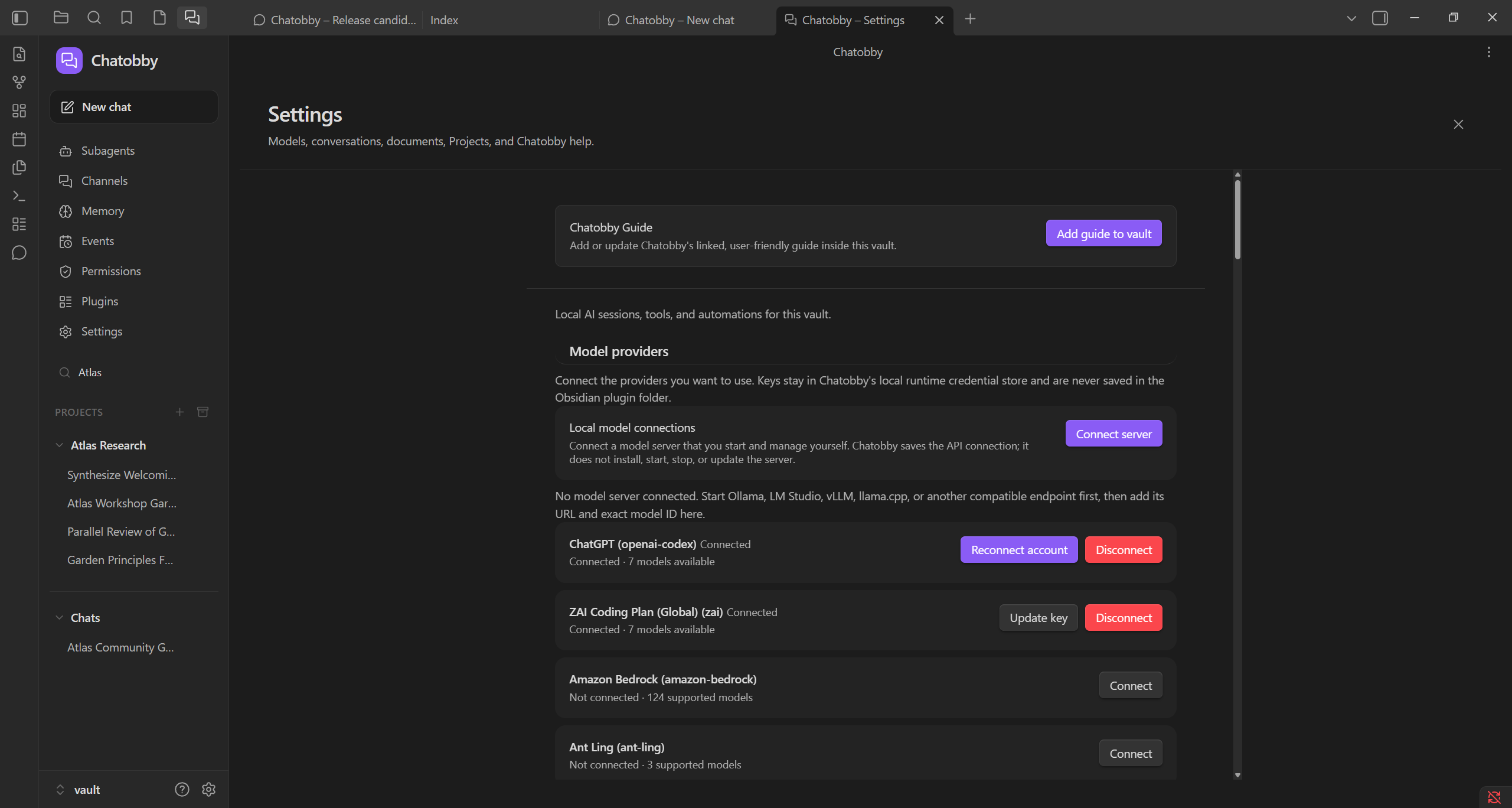 Chatobby Settings with provider connections, local model setup and the option to add the Chatobby Guide to the vault.