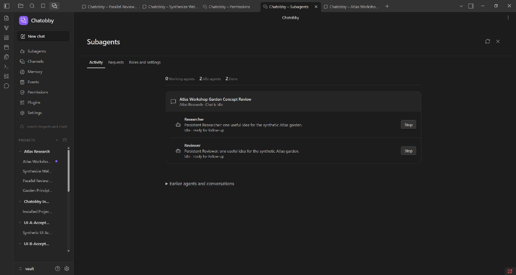 The Subagents page with parent conversations, their specialist agents and links to each conversation.
